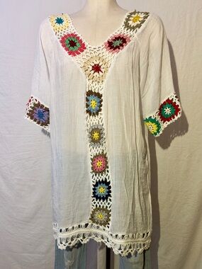 India Botique Granny Crochet Tunic Cover Up Top Boho Hippie Festival Beach XL